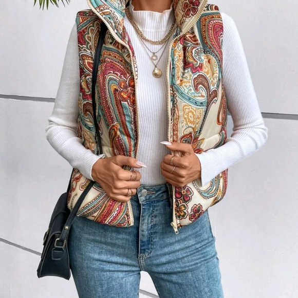 Paisley Print Zip Up Vest Padded Coat,Ladies Late Fall Casual Zipper - Picture 5 of 5